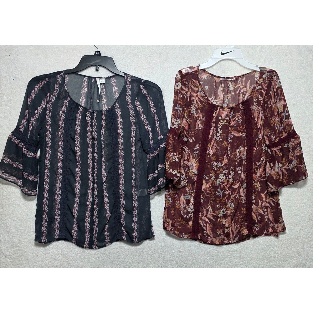 LC Lauren Conrad Womens XS Floral Chiffon Blouse Lot 2 Navy Burgundy Bell Sleeve